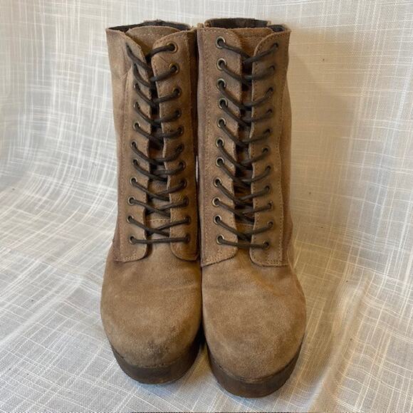 Eric Michael Brown Suede Lace Up Zip Platform Heel Boots Booties Womens 7.5 - Picture 4 of 9